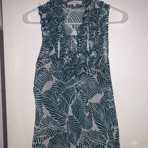 Blue and white print ruffle top